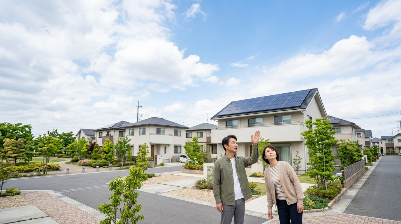 太陽光発電を備えた住宅と青空の下に並ぶソーラーパネルが省エネ住宅の雰囲気を表すイメージ画像