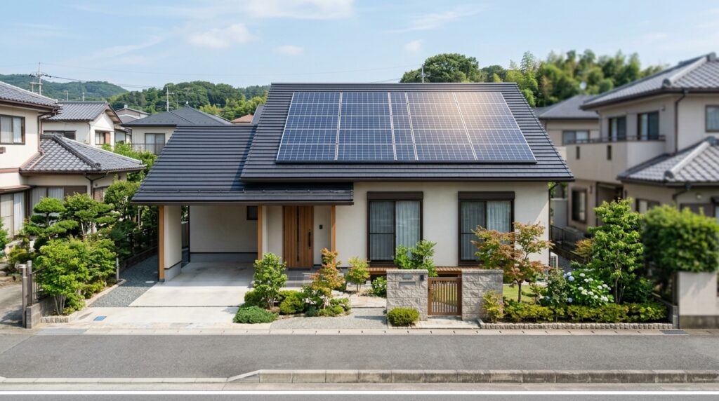 太陽光発電を設置した日本の住宅と屋根のソーラーパネルを表すイメージ画像