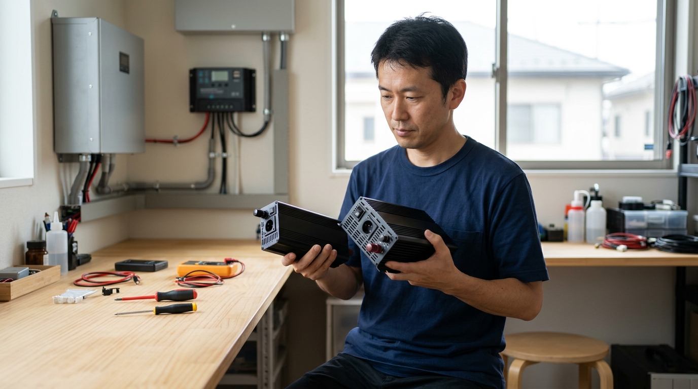 正弦波インバーターは日本製が安心と考え、自宅の電力設備や太陽光発電システムを確認する男性を表すイメージ画像