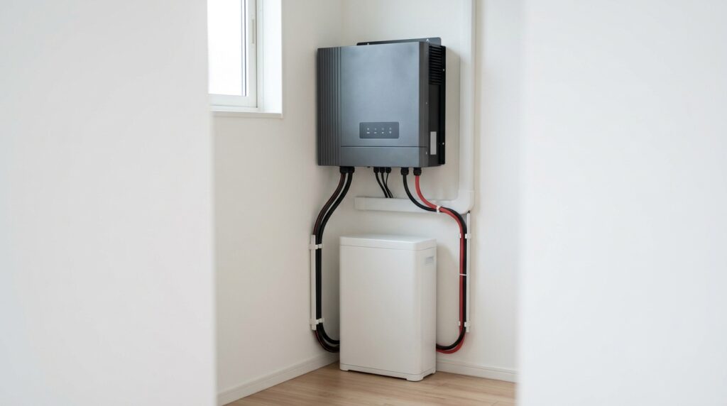 家庭用太陽光発電における正弦波インバーターや電力設備の設置環境を表すイメージ画像